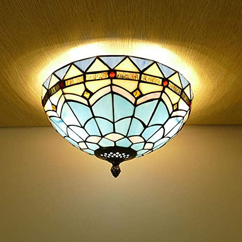 Retro Wohnzimmer Deckenleuchte Tiffany Stil Vintage Schlafzimmer Deckenlampe Blau Jugendstil Mediterraner-Lampen Gang Beleuchtet Porch Light Corridor Leuchten Balkon Farbe Glas Lampenschirm (41CM)