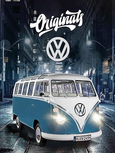 Volkswagen Bulli T1 Teppich Blau 100 x 133cm Rutschhemmend Lärmhemmend Fan-Deko Vorleger Läufer VW Bus Samba Retro Camper Van Auto Car Lifestyle Kinderteppich Fußbodenheizung Geeignet