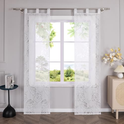 HeichkelL Schiebegardinen Transparent Schiebevorhänge Ausbrenner Flächenvorhänge mit Rosen Muster 2er Set Gardinenschal Weiß mit Schlaufen BxH 57x145 cm