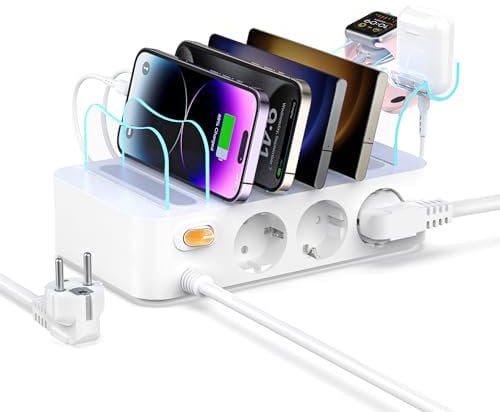 SooPii 60W 6-Port Ladestation für mehrere Geräte, 9-in-1 USB C Ladestation mit 1,8 m Netzkabel, 3 AC, 3 USB-C, 3 USB-A, inklusive 6 Mix-Kabeln für Tablets und andere elektronische Geräte