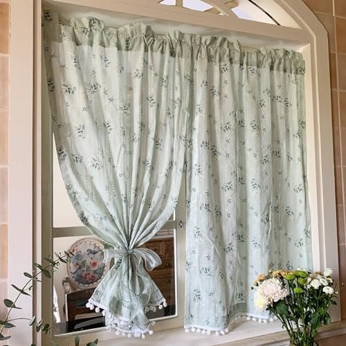 LNGFSH Scheibengardine Leinen Blumenmuster Bistrogardine Vorhang Blickdicht Gardine Gaze Schals Scheibengardinen Fensterschal Halbtransparent Küche Wohnzimmer Landhaus (BxH 65x90 cm)