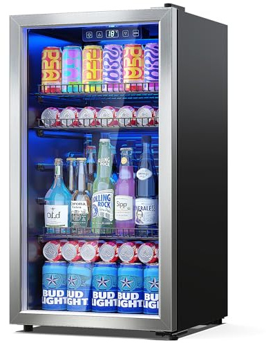 Manastin - Refrigerador de bebidas para nevera, mini refrigerador no empotrado con puerta de vidrio, estantes ajustables y visualización digital de temperatura para refrescos, vino o cerveza (plata,