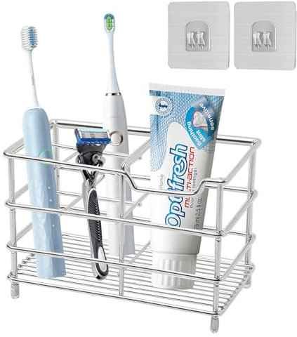 Toothbrush Holder Stainless Steel Silver, Wentsent Antibacterial Stainless Steel Tooth Brush Holder, Toothpaste Holder Organizer Stand Caddy for Bathroom Storage Toothbrush Caddy