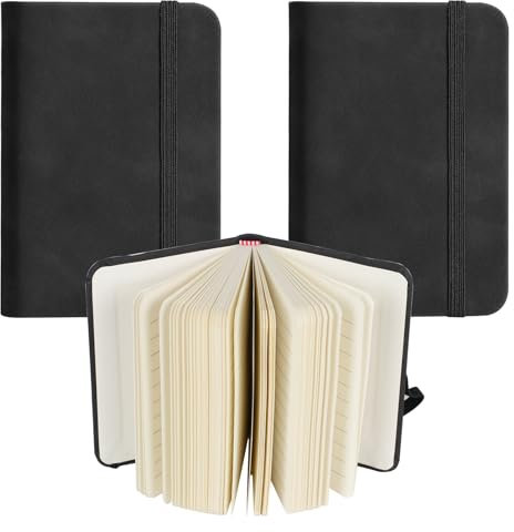SRTSTR 2 Stück Kleines Notizbuch A7 Notizblock Mini Notizbuch Schwarz 8 x 11 cm Pocket Notebook mit Liniert 100 Seiten Taschennotizbuch Leder mit Elastischem Verschlussband für Reisen Schule