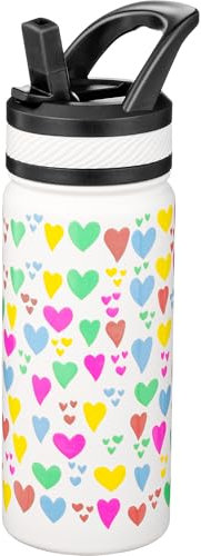 Fanhaw 550 ml Kids Insulated Water Bottle with Straw - Stainless Steel Double Wall Vacuum Cup, Leakproof, BPA Free, Suitable for Boys and Girls(White - Rainbow Hearts)
