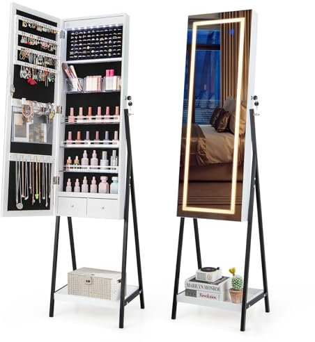 COSTWAY LED Lights Jewellery Cabinet, Freestanding Lockable Jewelry Armoire with 3-Color Full Length Mirror and Large Storage, Bedroom Cosmetics Makeup Jewellery Organiser Unit Gift (White)