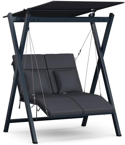 blumfeldt FlexiSwing Hollywoodschaukel 2-Sitzer – Verstellbare Rückenlehne & Sonnendach, 160 kg Belastung, Wetterfester Stahlrahmen, Dicke Kissen Für Komfort