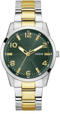 GUESS Herren-Armbanduhr GW0804G4, Edelstahl, analog, grünes Zifferblatt, mehrfarbiges Armband mit Flip Lock Verschluss, 42 mm Durchmesser, 50 m wasserdicht