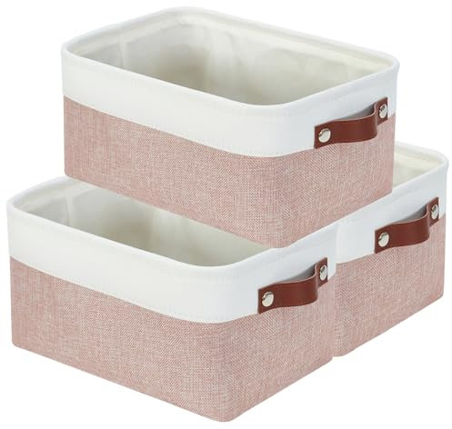 Mangata Rectangular Fabric Storage Boxes, Multi-Size, Material Container Baskets for Shelf, Wardrobe, Toys and Clothes, 31x21x16 cm, Pink and White(Small, 3 Pack)