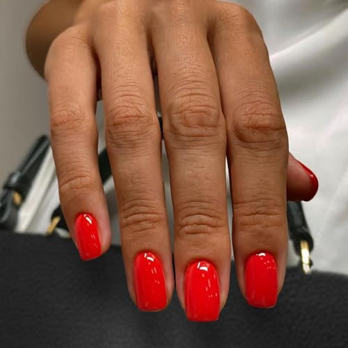 Ceboic 24 Pièces Court Carré Faux Ongles Orange Rouge French Press on Nails Couleur Pure Ongles à Coller Ballerine Acrylique Faux Ongles Autocollants Naturel Ongles Artificiels pour Femmes et Filles