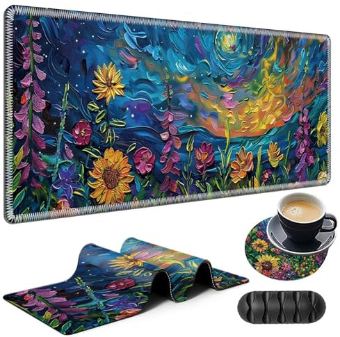 Grand tapis de souris de jeu avec dessous de verre + clips de câble, tapis de souris étendu à motif de fleurs aquarelle vibrantes (80 x 30 cm) avec bords cousus, tapis de souris pliable pour clavier