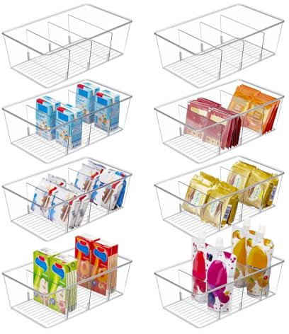 AIYULONG Fridge organisers,Clear Plastic Storage Boxes with 3 Removable Dividers for Kitchen cupboard storage & organisation, Pantry drawer organiser for Snack,Spice Packet (8 Pack)