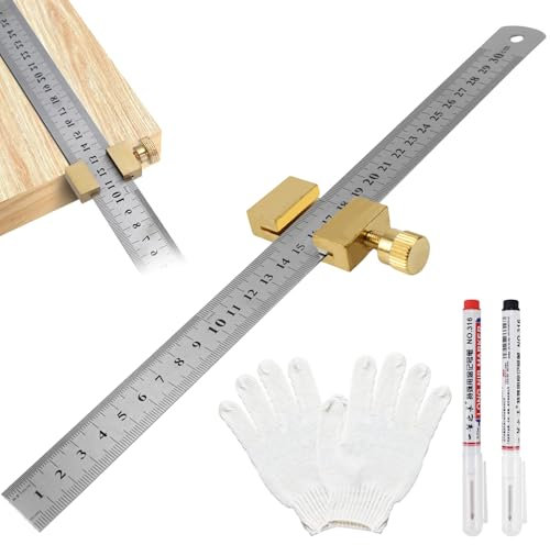 FSWWSF Stahllineal 30cm AnreißLineal Edelstahl FüR Holzarbeiter Mit Verstellbar Positionierblock Messing Stahl Lineal FüR Heimwerken, Holzbearbeitung, Handwerk