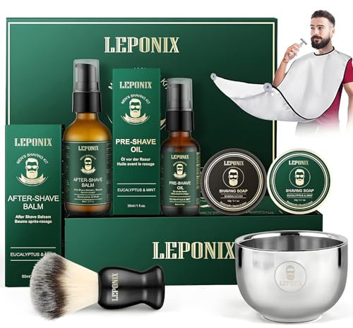 Rasierset für Männer, Bart Pflege Herren Set Enthält Eukalyptus Pre Shave Öl, After Shave Balsam, 2 - Packungen Rasierseife, Rasierpinsel und Schüssel, Rasierschürze, Rituals Geschenkset Männer