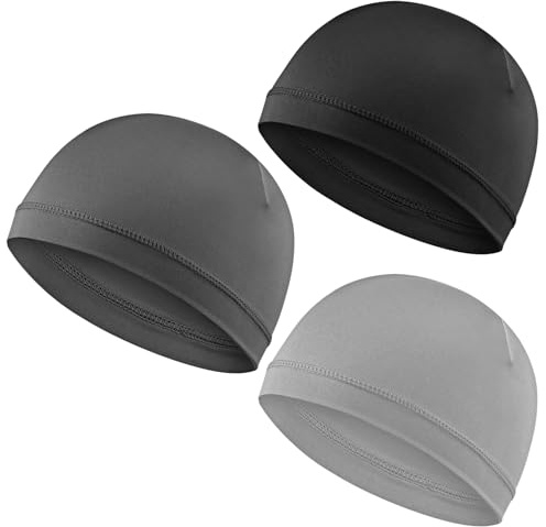 3Pcs Skull Caps Soft Lightweight Beanie Hats Moisture Wicking Stretchy Breathable Helmet Liner for Men (Black; Dark Gray; Light Gray)