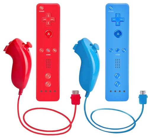 AUFGLO Télécommande Wii et manettes Nunchuck pour Wii U, étui en silicone et dragonne inclus (rouge+bleu).
