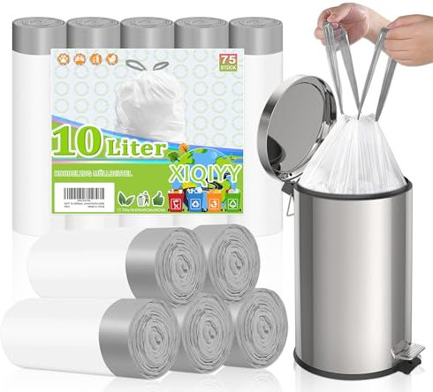 XIQIYY Sacs Poubelle 10L avec Liens Coulissants, 75 Pièces Sacs à Ordures Blancs Résistants, Anti-Déchirure et Anti-Fuite, Faciles à Utiliser, Sac Poubelle pour Salle de Bain, Cuisine, Bureau