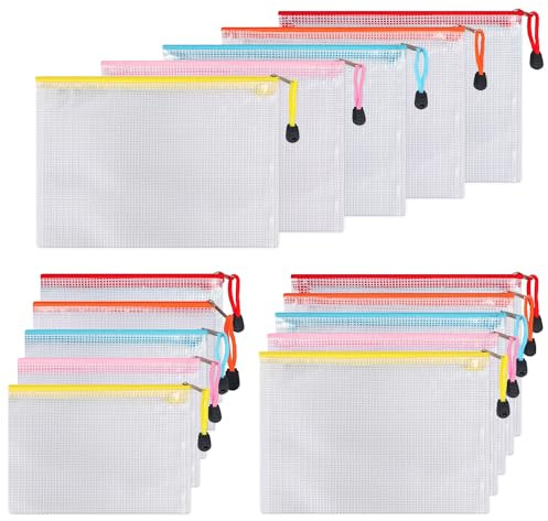 15 Pack Dokumententasche A4+A5+A6 Set, ipow Reißverschlussbeutel Mesh Taschen Set Zipper Beutel für Datei, Papier, Dokumente, Kosmetika und Reiseutensilien