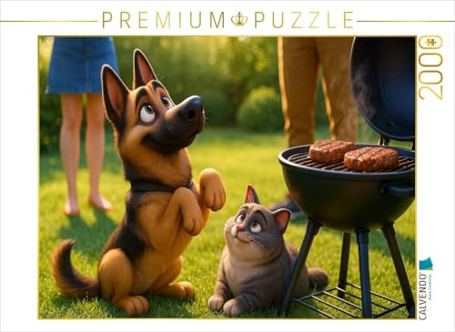 CALVENDO Puzzle Gibt es was für Uns? - Schäferhund und Katze betteln am Grill | 2000 Teile Lege-Größe 90 x 67 cm Foto-Puzzle für glückliche Stunden