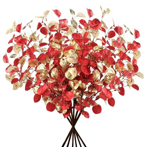 XIMISHOP 6 Bundles Christmas Eucalyptus Leaves,Artificial Faux Gold & Red Christmas Eucalyptus Stems for Xmas Party Home Decor DIY Flower Arrangement Xmas Table Centerpieces