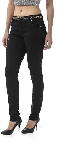 Cipo & Baxx Damen Jeans WD542 Schwarz - Regular Fit Straight Jeans Hose - Mit Stylischem Gürtel, Raffiniertes Design, Atemberaubender Look, Angenehmes Gefühl - WD542 Schwarz W32-L34