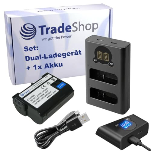 Trade-Shop 2in1 Set: Akku 1,9Ah + USB-C Doppel Dual LCD Ladegerät für 2 Akkus kompatibel mit Nikon Kamera Digicam wie 1 V1, D500, Z5 ersetzt MH-25 MH-25a