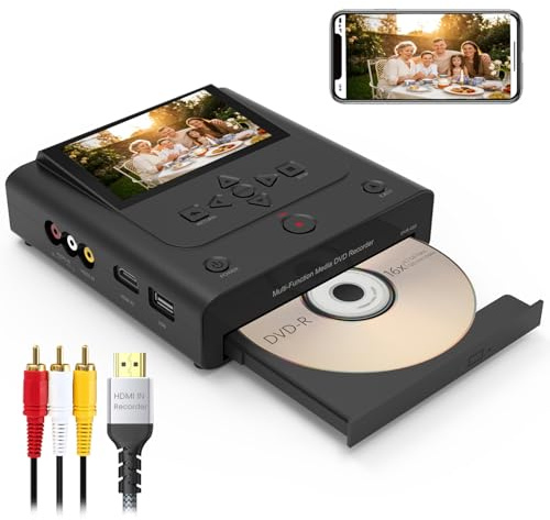 Enregistreur VHS vers DVD avec écran LCD et entrée HDMI/AV, conversion analogique en numérique de VHS, magnétoscope, Hi8, caméscope en DVD/USB/SD, pas besoin de PC, copie de smartphone vers DVD/USB/SD