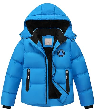 Zoofly Veste Hiver pour Garçons et Filles Veste de Ski Chaud avec Capuche Amovible, Bleu Clair 164 (XL)