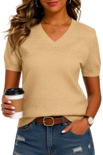 YUNDAI Womens V Neck Short Sleeve Textured Knit Summer Casual Jumpers | Soft breathable hollow textured knit, classic v neck short sleeve slim jumpers, ideal spring summer daily casual wear