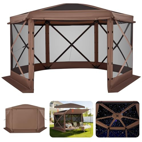 VEVOR Tendone Pieghevole Gazebo da Giardino a 6 Lati 3,6 x 3,6 m con Parte Superiore Rimovibile e Borsa per il Trasporto, Montaggio Rapido e Anti-Morsi, Riparo Solare per 8-10 Persone, Marrone