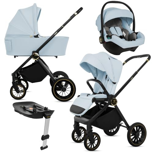 BabyLux® Kinderwagen 4in1 Set ROSSO, Faltbar Leicht Kombikinderwagen Set incl. Babywanne, Reisebuggy, Kindersitz i-Size, Auto Basisstation, 4 Liegepositionen, 0-22kg, UV Schutz 50+, Vollgummireifen