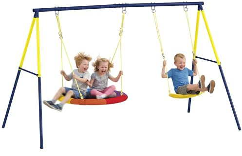 AIYAPLAY Swing Set with Double Swings Metal Frame for Kids 3-8 Multicolour