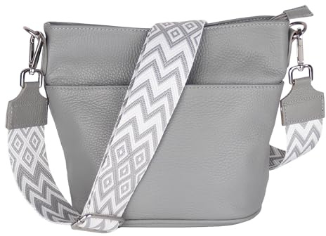 MIRROSI Damen Umhängetasche, Crossbody Bag, Echtleder I Made in Italy (1 Tasche 1 oder 2 Gurt(e)), 24x18x12cm (BXHXT) Mittelgroß (Upgrade Version (mit 2 Gurte): Grau Boho)