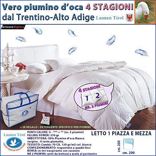 Piumone Una Piazza e Mezza 4 Stagioni 200x200 in Piuma D'oca, Originale Trentino Alto Adige, Piumino Una Piazza e Mezza Caldo 100% Vera Piuma D'Oca Naturale, Garanzia Marchio Daunex, LAUNEN TIROL