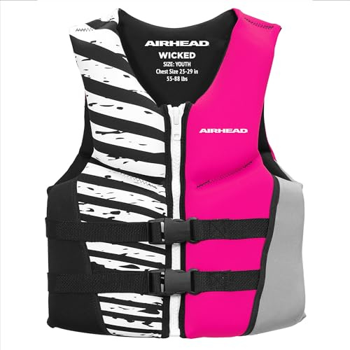 Airhead WICKED Kwik-Dry NeoLite Flex Life Jacket for Kids - USCG Approved Life Vest for Youth, Child & Infant, Watersports Vest for Boating, Tubing & Swimming, 50 - 90 Lbs, Hot Pink