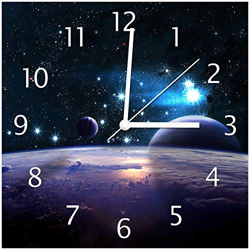 Wallario Design-Wanduhr Planeten im Weltall aus Glas, Motiv-Uhr Größe 30 x 30 cm, weiße Zeiger