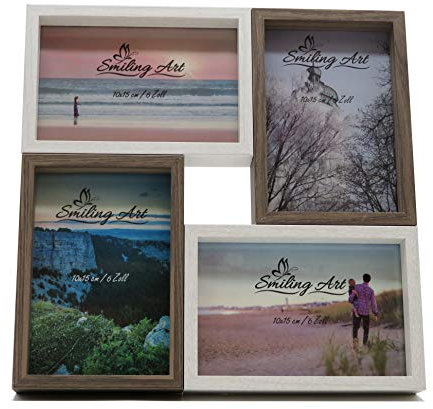 Smiling Art Bilderrahmen Fotorahmen Collage für 4 Fotos, Foto Collage aus MDF Holz mit Glas (Weiß+Dunkelbraun, 4x10x15 cm)