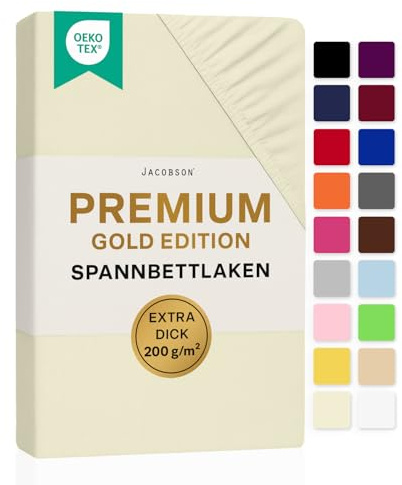 Jacobson Premium Spannbettlaken 200 g/m² Jersey Boxspringbett & Überlänge (XL 140x200-160x220 cm, Natur)
