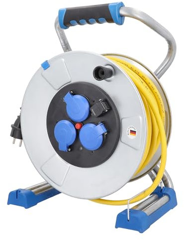 as - Schwabe Xperts Doppelrohr Metallkabeltrommel 33 m K35 AT-N07V3V3-F 3G2,5 mit 3 Schutzkontaktsteckdosen inkl. Klappdeckel, USB Port, Spannungsanzeige, IP44, Made in Germany, Silber, 22732