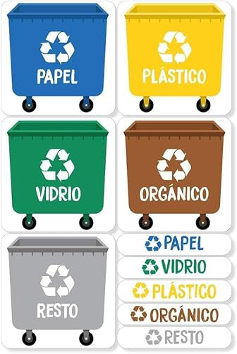 5 etiquetas adhesivas para reciclaje basura. Pegatinas para la gestión de residuos. Cada una de 9,4 x 8,4 cm. Resistentes al agua. (XL)