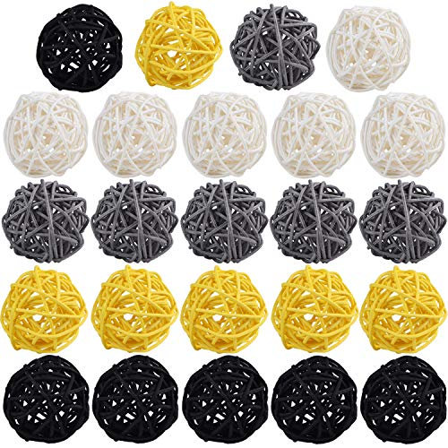 STMK 24 Stück 5.1 cm Rattan-Kugeln Dekorationen, Weidenkugeln Deko für Zuhause Dekor DIY Vase Schüssel Füller Ornament Baby Zimmer Kinderzimmer Dekor Hochzeit Tischdekoration (schwarz, gelb, weiß)