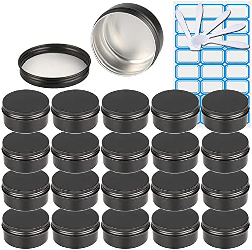 ZEOABSY 100 Pièces 80ml Pots en Aluminium Vide Rond Noir Mat Petit Cosmétiques Pot Conteneurs for Fait Main Bougies Crème Baume Voyage, 10x Spatule, 4X Étiquettes