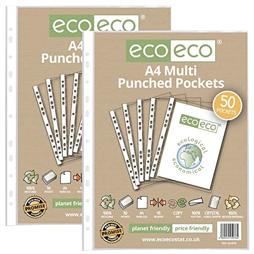 eco-eco Eco076x2 Klarsichthüllen, A4, 100% recycelt, mehrfach gelocht, 45 Mikron, 50 Stück