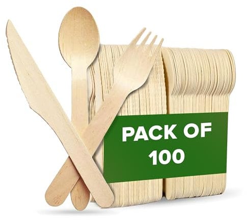 Ecowise Disposable Wooden Cutlery Set - Pack of 100 Eco-Friendly Biodegradable Disposable Cutlery - Party Cutlery Assorted Wooden Spoons Forks and Knives