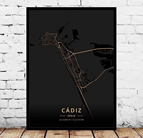 YMXCNM Cádiz España Mapa De La Ciudad Cuadro sobre Lienzo Modern Black Gold Posters Artwork Unframed Pictures Prints Personalization Paintings Souvenir Gift Home Decor,70X100Cm/27.55X39.37 In
