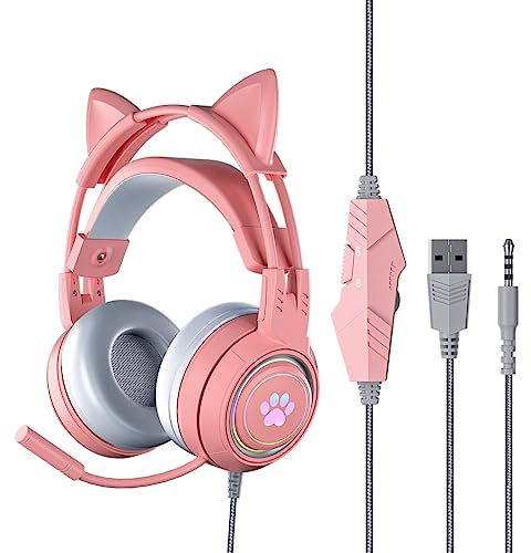 Yunseity Cuffie da Gioco, Cuffie con Orecchie di Gatto Rimovibili USB + 3,5 Mm con Microfono con Cancellazione del Rumore, Cuffie da Gioco per, One, PC, Telefono Cellulare(Rosa)