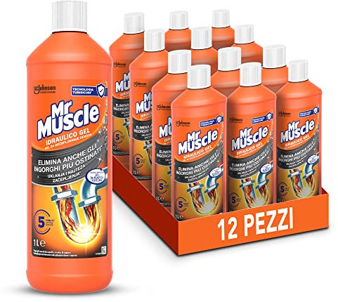 Mr Muscle Idraulico Gel, Stura Lavandini e Scarichi, Disgorgante Forte per Tubi e Scarichi, Sicuro per i Tubi - Formato Scorta da 12 Pezzi da 1000 ml