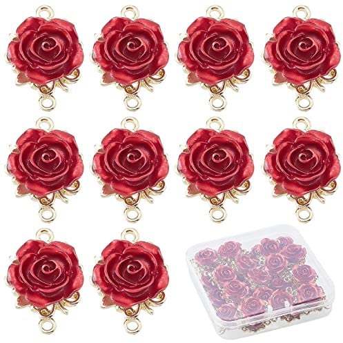 SUNNYCLUE 1 Box 30Pcs Valentines Day Rose Charms 3D Rose Charm Connectors Red Flower Romantic Love for Jewellery Making DIY Necklace Bracelet Earrings Adult Women Gifts
