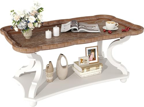 Function Home Farmhouse Coffee Table, Rustic White Cocktail Table with Storage Shelf, Sofa Table with Natural Tray Top and Carved Legs for Living Room Furniture Dining Room, Vintage White