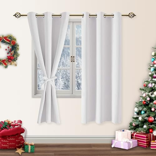DWCN Vorhang Blickdicht Verdunkelungsgardinen mit Ösen 2 Stücke Thermogardine für Wohnzimmer, Schlafzimmer, Gardinen Kurz, Grau Weiß, 137x117cm(HxB)